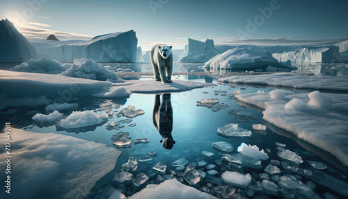 Shadow of polar bear reflected in open water of the Arctic sea, surrounded by melting ice. International polar bear day. World Wildlife Day.Melting Glacier.Climate change concept and rising sea levels