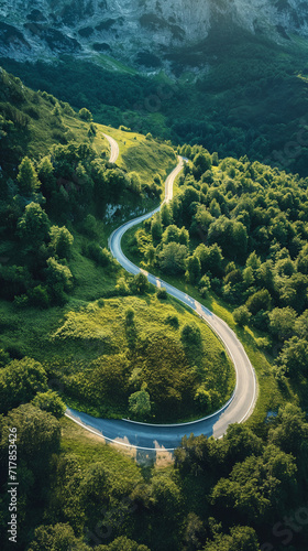 winding road among greenery and mountains, vertical frame