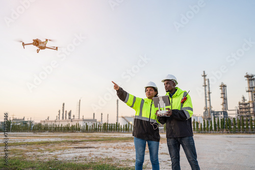 Drone operated by construction worker on building site. Engineer location use drone to fly inspections at industrial plant at sunset.