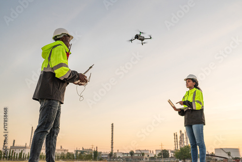 Team of Engineer Specialists Pilot Drone on Construction Site. Architectural Engineer and Safety Engineering Inspector Fly Drone at industrial plant.