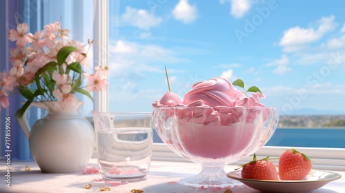 a pink gelato on a glass platter in front of a window, with a strawberry
