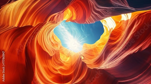 Antelope canyon in Arizona, stone above and below, blue sky and sun in the middle, light blue and orange