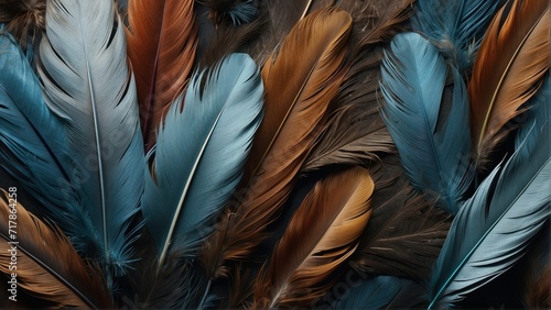 illustrations of colorful plumage feathers with light blue and brown pattern arranged in beautiful array. generative, AI.