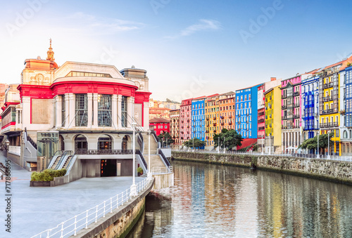 Spain - Bilbao old town cityscape on the riverbank at Basque Country - Market and colorful houses.