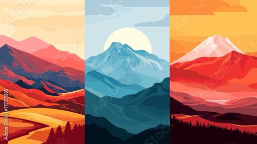 The mountain landscape is set with sunset and sunrise in a flat style. Vector illustration