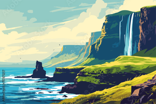 Beautiful seascape with a waterfall in Iceland. Vector illustration