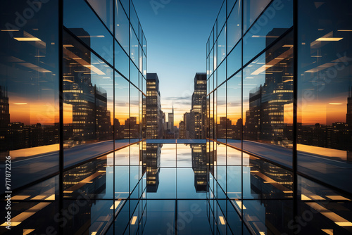 A mesmerizing and artistic depiction of a cityscapes reflection on a glass wall, creating a captivating abstract background design. Skyscraper glass mirror facade reflection