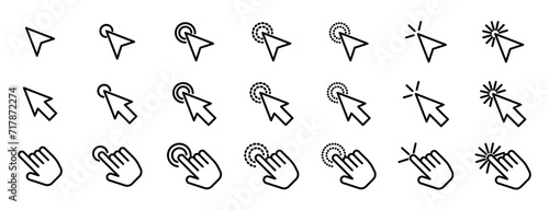 Click cursor arrow or hand vector icon set. click here hand button symbol. select finger computer mouse sign. tap or touch here icon set.
