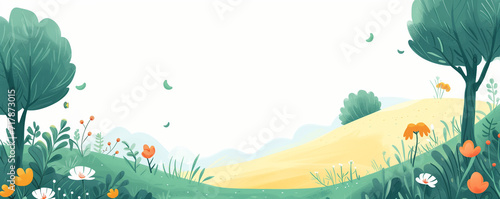 landscape with grass and flowers. Children illustration backgraund with threes, yellow and green colors