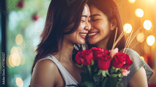 Happy transgender couple together holding flowers. Engagement celebration. Pride concept. Generative AI
