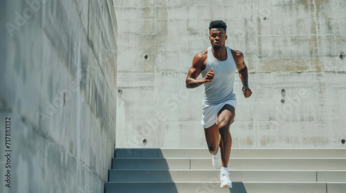 athletic man in a sleeveless top and shorts is running up a flight of concrete stairs in an urban environment