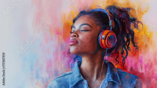 African young beautiful girl with red headphones and closed eyes is listening the music. Enjoy of music concept. Colourful background. Watercolour illustration. Selective focus 