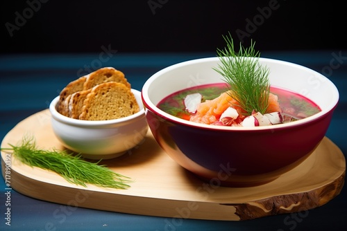 bowl of borscht with a side of garlic pumpernickel bread on a slate surface