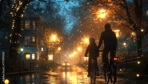 Bicicleta en la puesta de sol de verano en el camino de baldosas en el parque de la ciudad.concepto de la familia, el ocio y la gente.