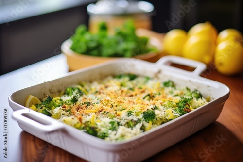 broccoli rice with parmesan shavings, herbs on top