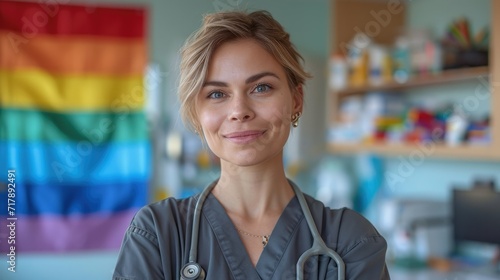LGBT doctor women in medicine shirt and LGBT rainbow flag on background in medicine office. Generative AI.