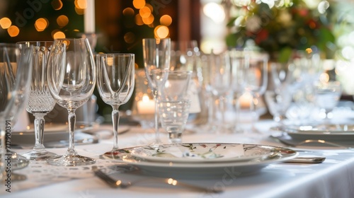 decoration for a wedding or anniversary birthday celebration: a reception table set-up with white cloth, elegant wine glasses, porcelain plates and silverware in a restaurant or venue