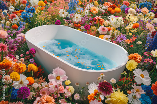 A bathtub with water inside in a field of colorful flowers. Outdoors creative spring idea.