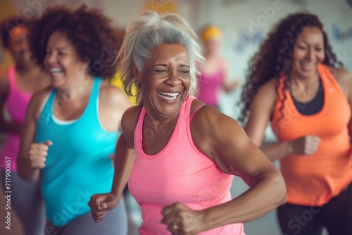 mature female adults with silver hair doing sports indoors. middle-aged cheerful women having fun at zumba dancing or aerobics class. Athletic training and bodies in old age