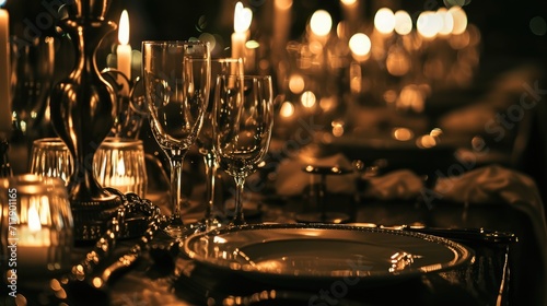 Elegant dining setup with crystal clear wine glasses and lit candles creating a warm, intimate ambiance, highlighted by soft glowing lights in the background. Ai generated 