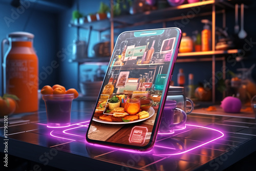 Smartphone with groceries of futuristic