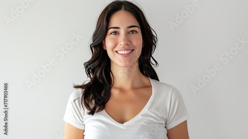 Smiling European American 28 year old black hair, dark brown eyes, white v-neck t-shirt model, white background photoshoot, professional photo studio setting