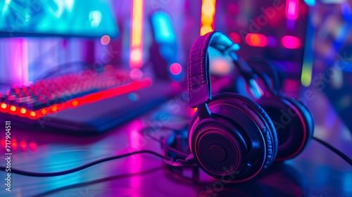 Gaming headphones on the background of a computer game. Neon lights