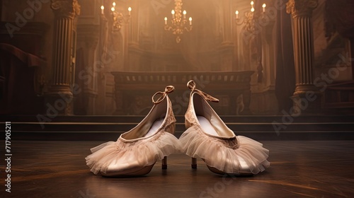 Graceful ballet shoes carefully positioned on a stage. Elegant dancewear, artistic finesse, footwear for dance. Generated by AI.