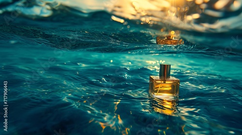 Hermes advertising perfume, clear water waves, sunlight, golden dividing line, product photography, commercial photography