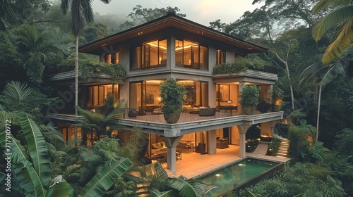 The house overlooks a ravine filled and jungle like foliage. Generative AI.