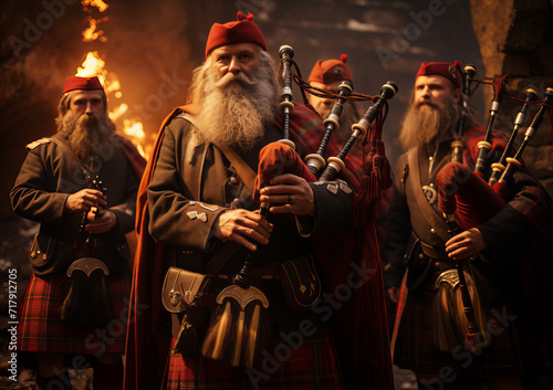 Traditional Scottish Bagpipers in Red Kilts, group of elderly Scottish bagpipers in red kilts playing bagpipes, surrounded by fire-lit ambiance
