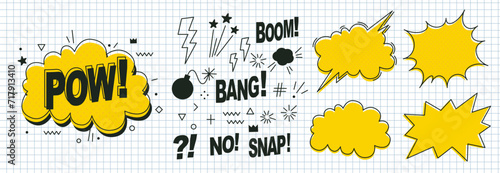 Speech bubbles, effects set hand-drawn with a pen in a check notebook. Doodle anime icons. Comic text sound effects. Banner, poster, sticker concept. Anime manga funny style text Boom, Pow, Bang, Snap