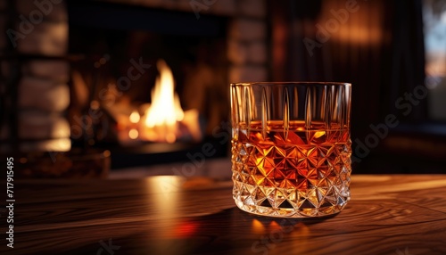 Photo realistic highly detailed glass of whiskey standing on clear wooden table against fireplace at home