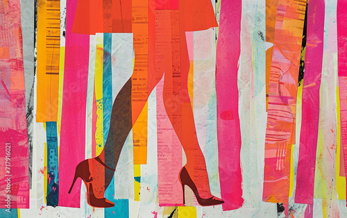 pernas longas femininas usando sapato salto alto, Colagem, estilo pop, retratos impressos em risografia em papel
