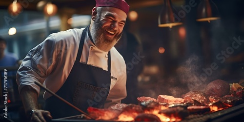 Cheerful chef grilling steaks at a bustling restaurant. professional cook in action. capturing culinary passion and skill. AI