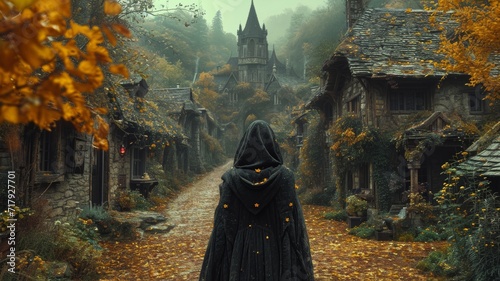 Mysterious medieval girl with a cloak in a dark and haunted scene
