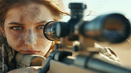 Woman waiting, aiming at target through sniper rifle scope