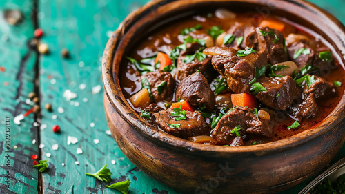 Beef Bourguignon in rustic bowl on turquoise wooden table. Made with generative ai