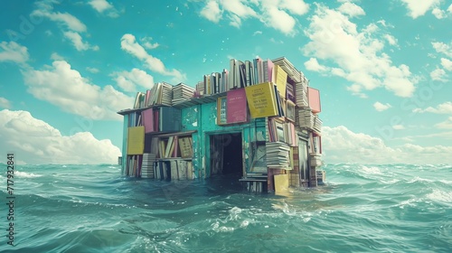 A colorful school of books stands in the water, the books fall out of the windows in a messy manner and dive into the water. full representation of the school