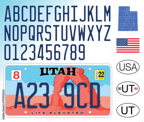 Utah state car license plate pattern with arch, letters and numbers, vector illustration, USA, United States of America