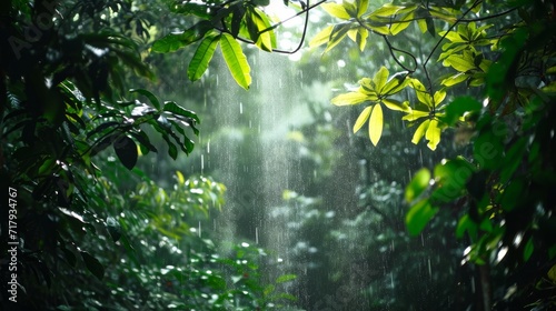 Gentle rain shower in a dense forest with sunlight filtering through the canopy, highlighting the vibrant greenery