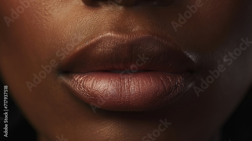 Close-up detailed plump beautiful lips of black young woman with lipstick or gloss.