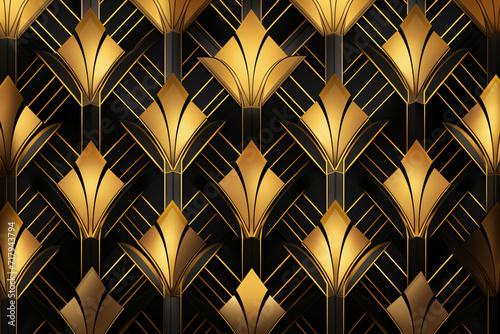 black and gold deco style pattern, in the style of art deco geometric patterns, shaped canvas, vintage-inspired
