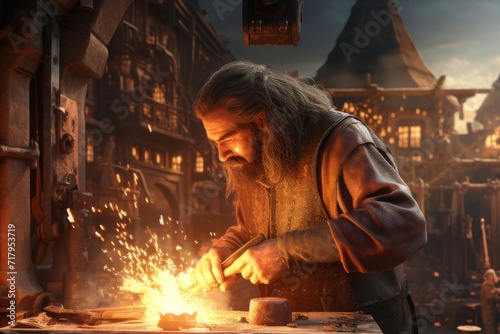 Medieval blacksmith working in his smithy