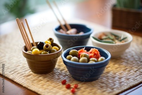 small bowls with assorted olives beside breadsticks