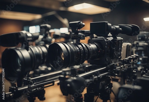 Close up on media production video cameras in a recording studio ready for action