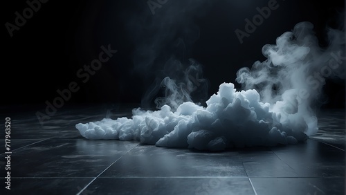 Frozen cold floor with freezing smoke on plain black background from Generative AI
