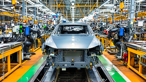 Automotive Production Line: High-Tech Machinery Assembling Cars in a Modern Factory