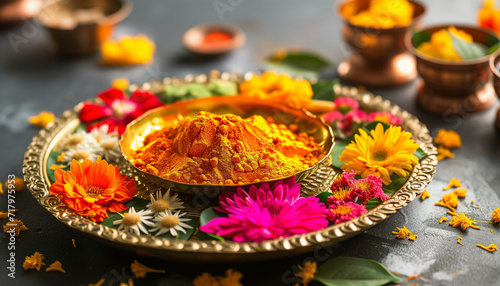 Beautifully Decorated Pooja Thali for festival celebration to worship, haldi or turmeric powder and kumkum, flowers, scented sticks in brass plate, hindu puja thali