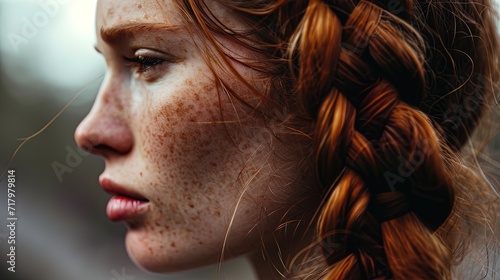 Close up portrait beautiful redhead girl with hair elegantly braided. Red hair Braid. Beauty, fashion, hairstyling and individuality